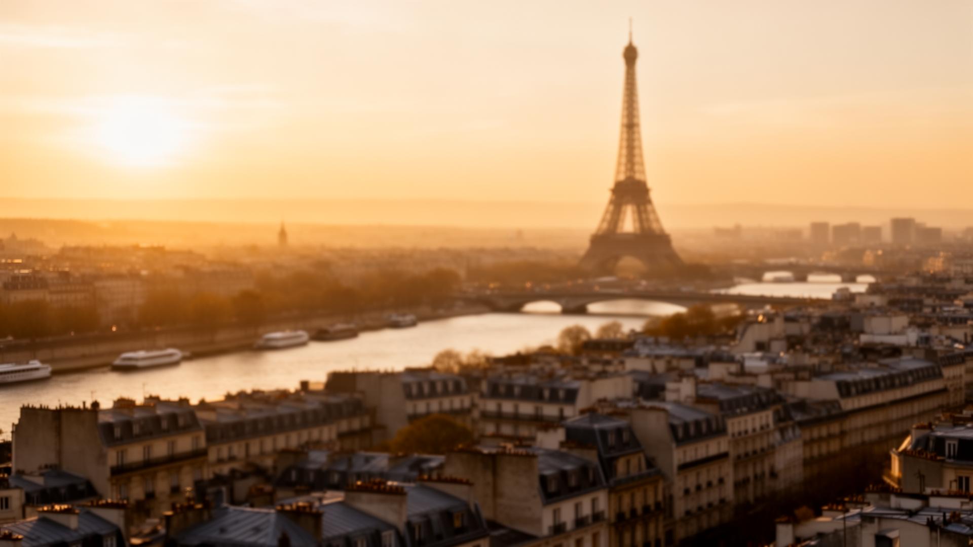 Paris at golden hour, view of the Seine and Eiffel Tower